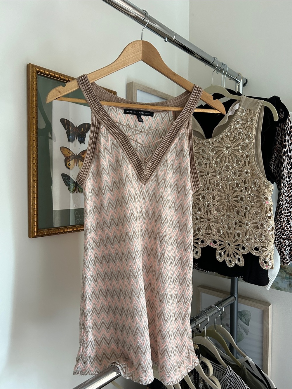 WHBM M Chevron Patterned Beige and Pink shimmer halter Top